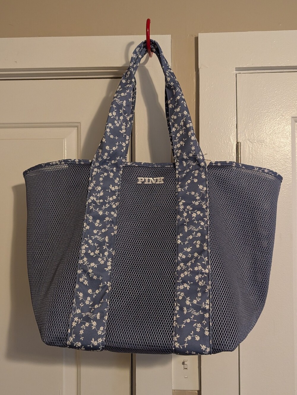 NWT. PINK Victoria's Secret PERIWINKLE Blue Floral Mesh Tote. Large
